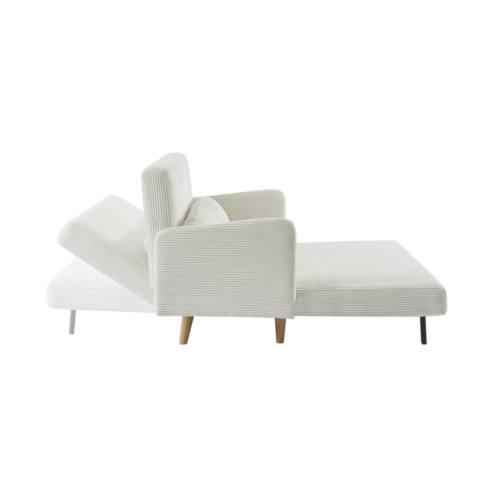 Divano letto in velluto a coste con gambe in legno, 2 posti, bianco