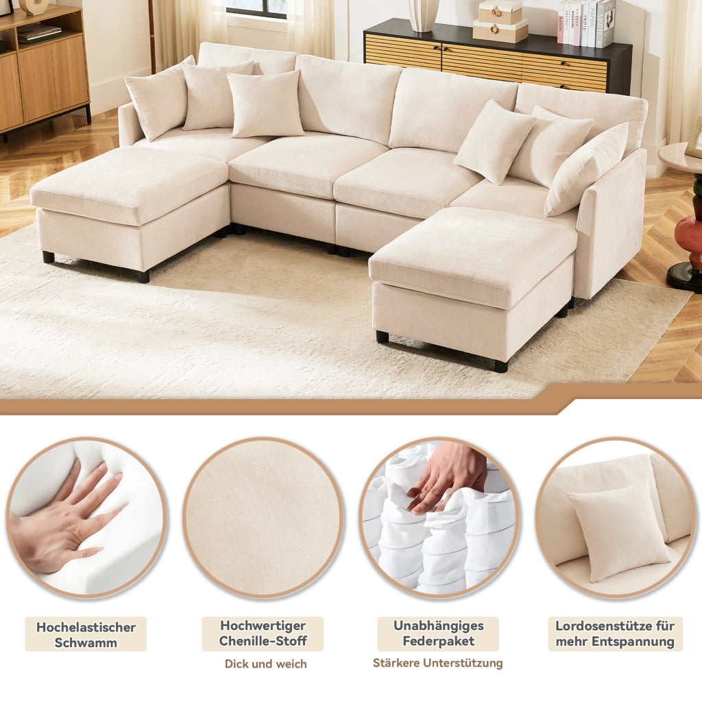SOFA Modulare 278x161x81 cm in Chenille Beige con 2 pouf e 6 cuscini