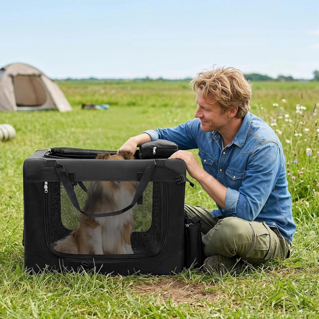 Trasportino per Cani e Gatti, Borsa per Cani Pieghevole e Traspirante con Morbido Cuscino, Parte Superiore Apribile, 2 Tasche Portaoggetti e 2 Manici per Animali Domestici (M,Nero)