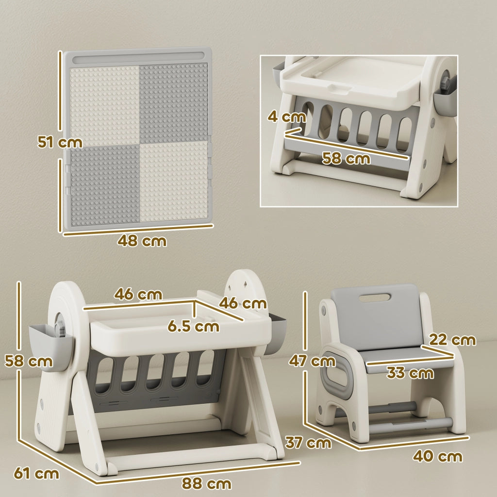 Tavolo Multiuso per Bambini con Ripiano Contenitore e Cassetti, in HDPE e PP, Grigio e Bianco