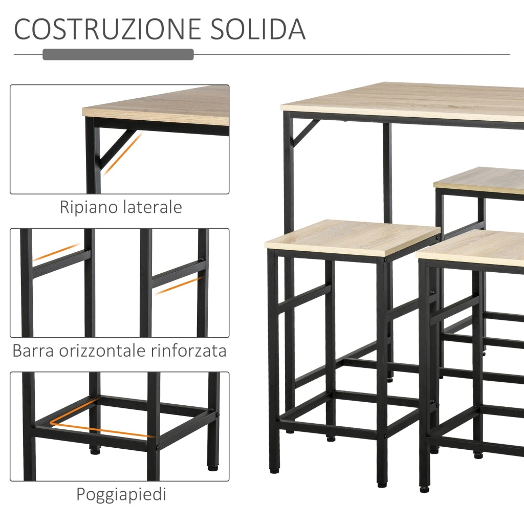 Set Bar Tavolino Alto e 4 Sgabelli in Metallo e Legno Rovere Chiaro