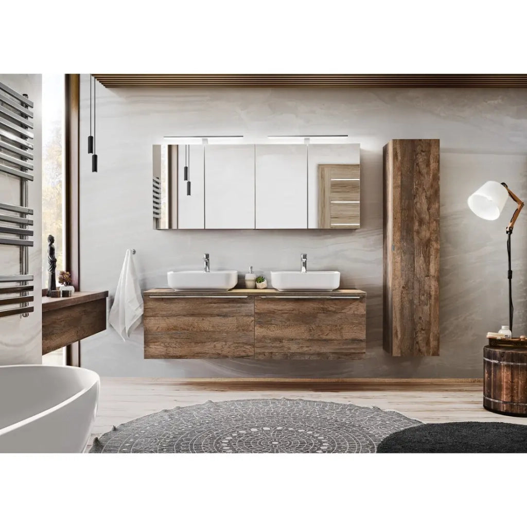 Set bagno VANTA in rovere: mobile sottolavabo 160cm + piano lavabo + 2 lavabi neri da appoggio
