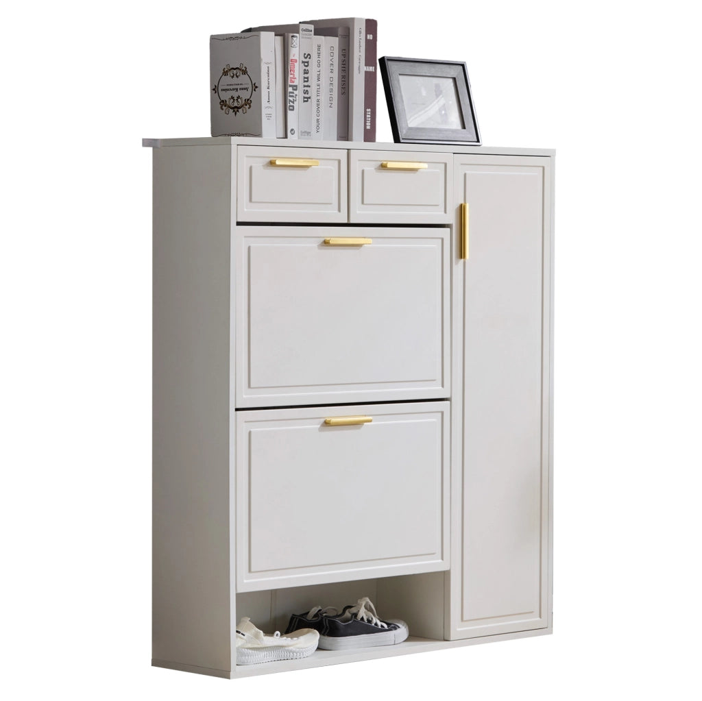 Scarpiera bianca 95x24x107 cm con ripiani regolabili; cassetti e maniglie in metallo