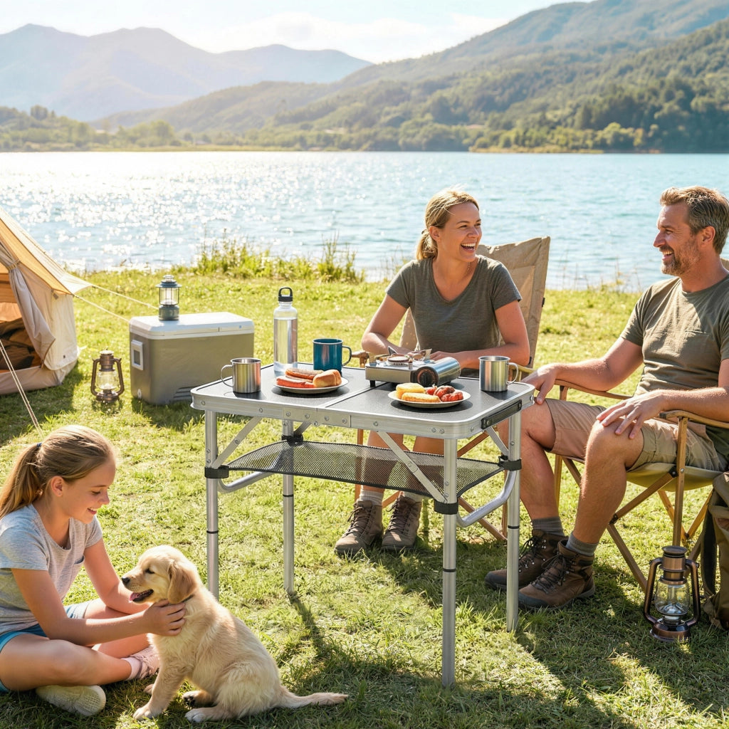 Tavolo Campeggio Pieghevole 60 cm, Picnic con Rete Strato, Nero