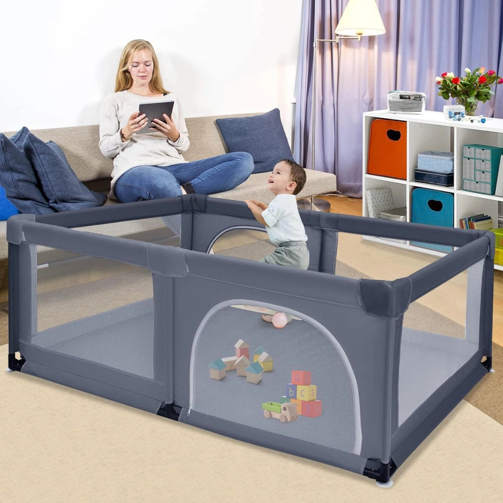 Box per Bambini, Centro Attività Portatile e Sicuro per Bambini, Box Colorato con Cancello, Recinto Extra per Interno ed Esterno con Rete Traspirante Durevole (Grigio scuro)