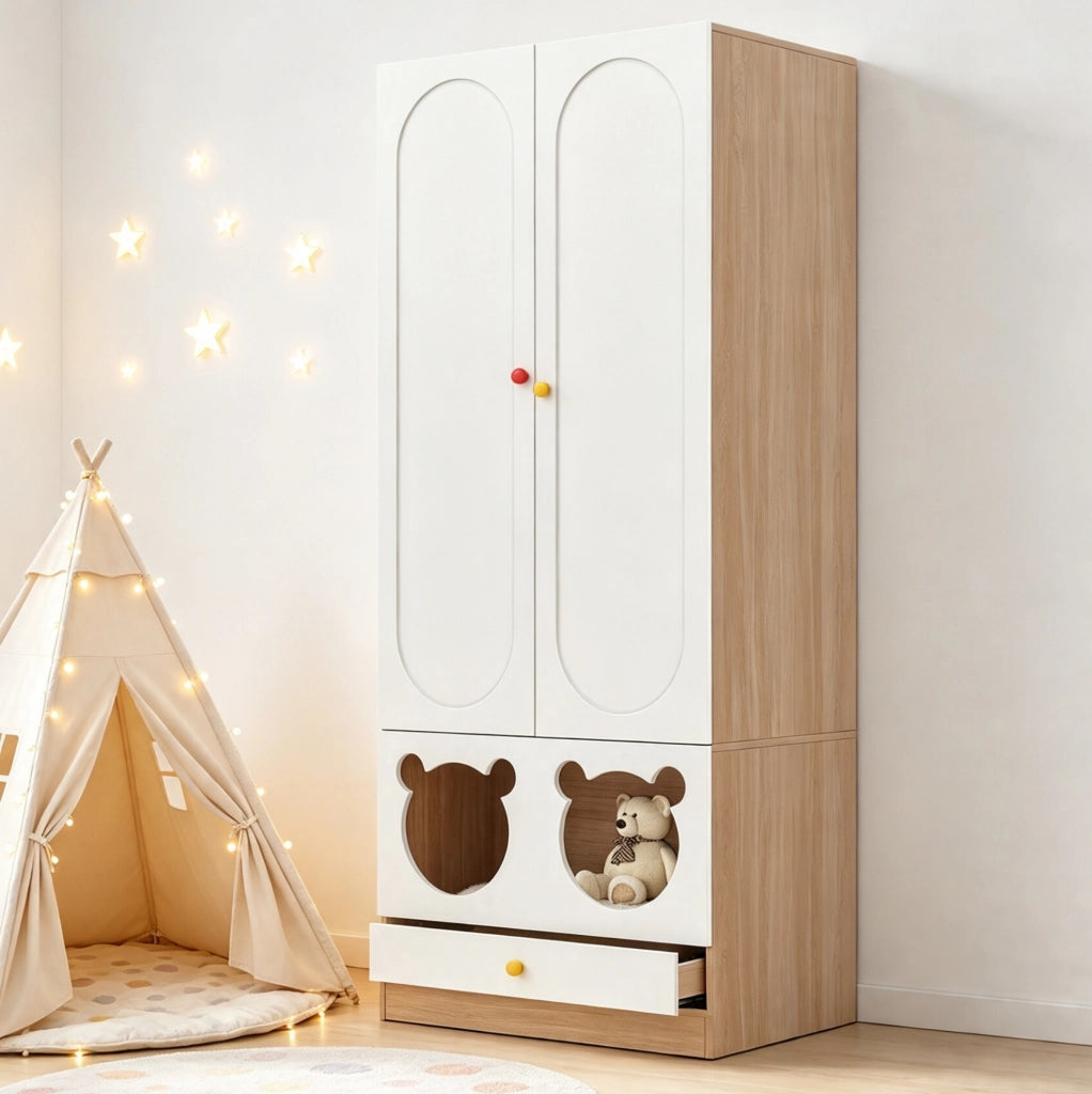 Armadio per cameretta con ante e cassetti, bianco e legno