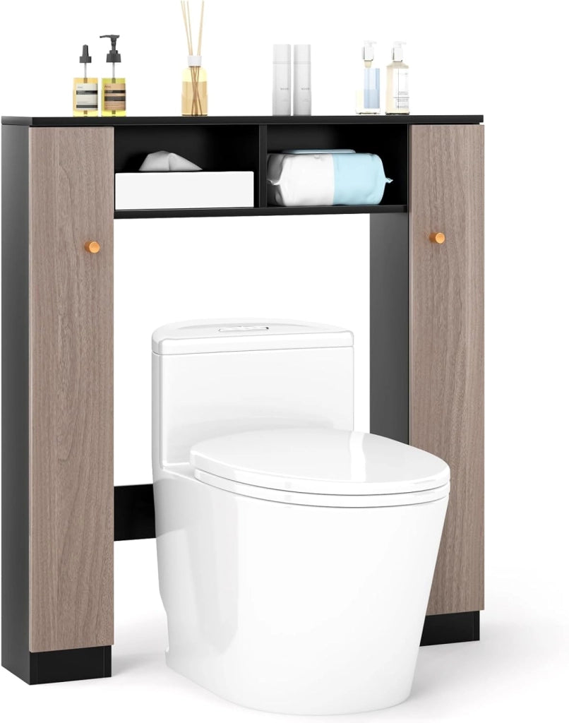 Scaffale Sopra WC 87.5x18x98cm, Mobile per Bagno con Doppia Anta, 2 Scomparti Aperti e 4 Ripiani Regolabili, Armadietto Salvaspazio da Terra per Bagno Lavanderia (Nero)