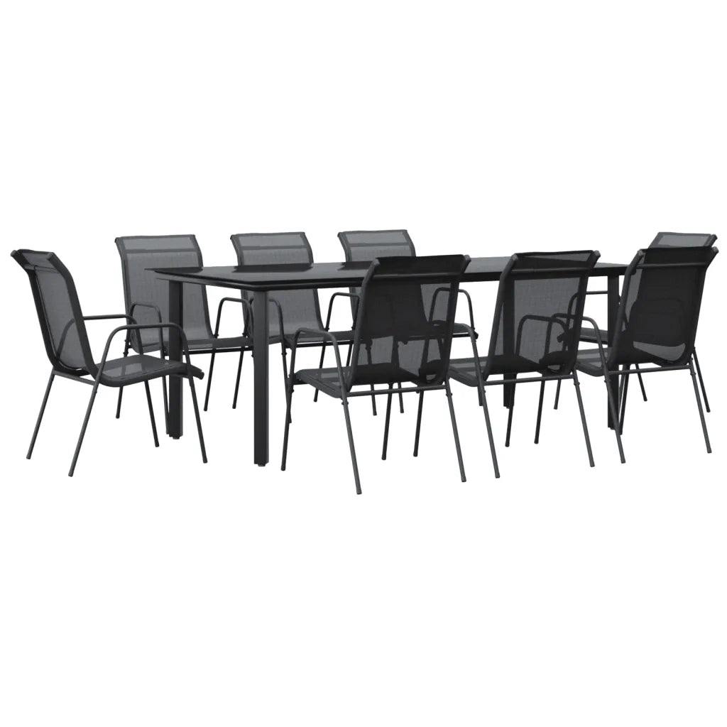 Set da Pranzo da Giardino 9 pz Nero in Acciaio e Textilene
