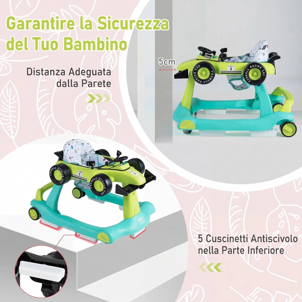 Girello per Bambini 4 in 1, Girello Pieghevole con Altezza e Velocità Regolabili, Carillon con Luci, Volante, Primi Passi per Bambini 6-18 Mesi, Portata 12 kg (Verde)