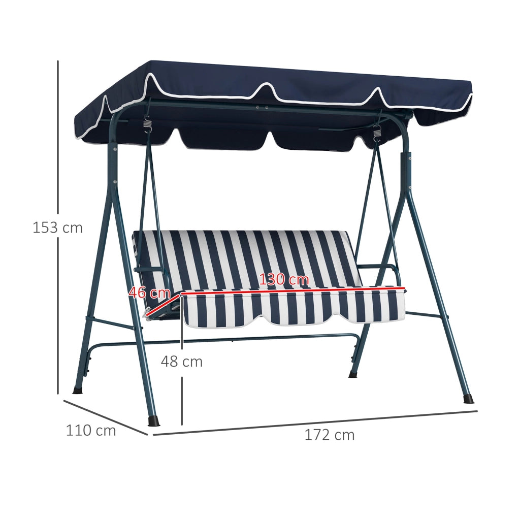 Dondolo da Giardino 3 Posti 172x110x153 cm con Tetto Parasole in Acciaio e Poliestere Bianco e Blu