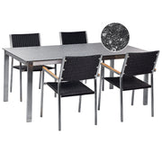 Set da giardino con 4 posti in acciaio inox con tavolo piano con effetto granito e sedie in rattan nero set esterno moderno