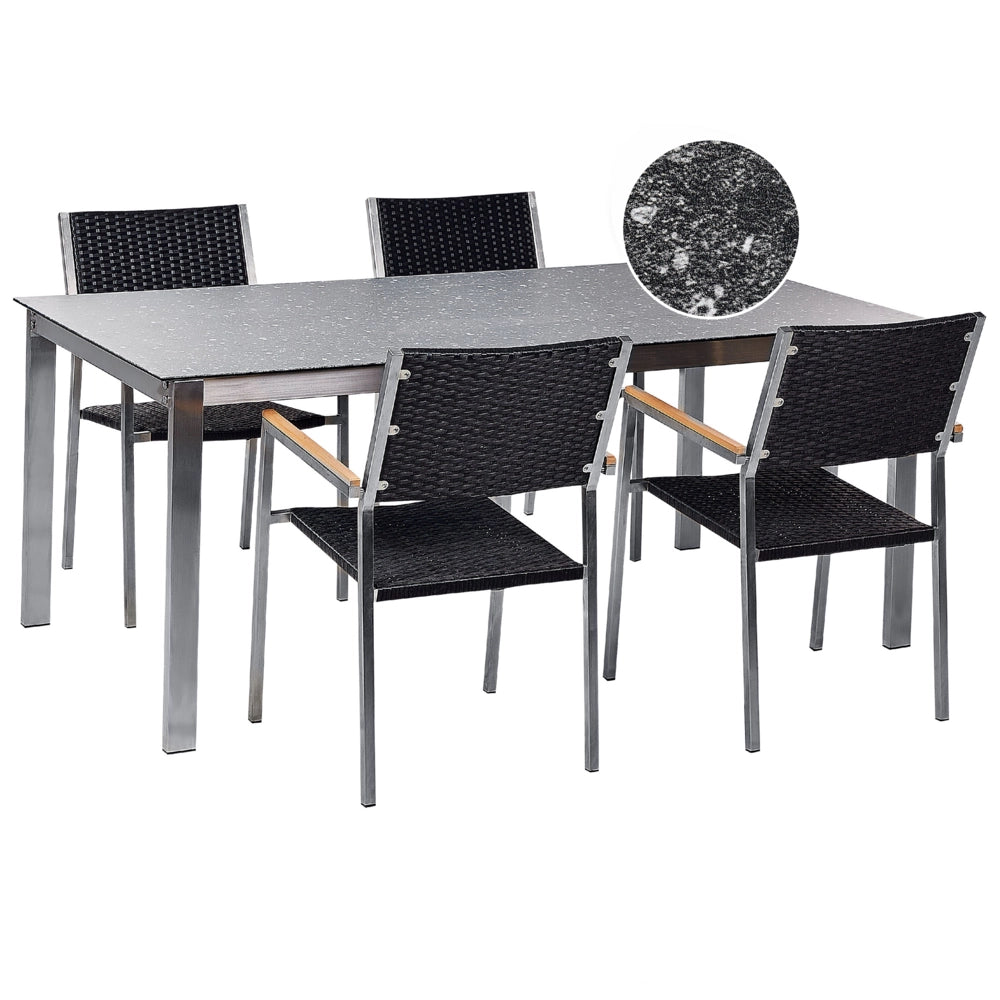 Set da giardino con 4 posti in acciaio inox con tavolo piano con effetto granito e sedie in rattan nero set esterno moderno