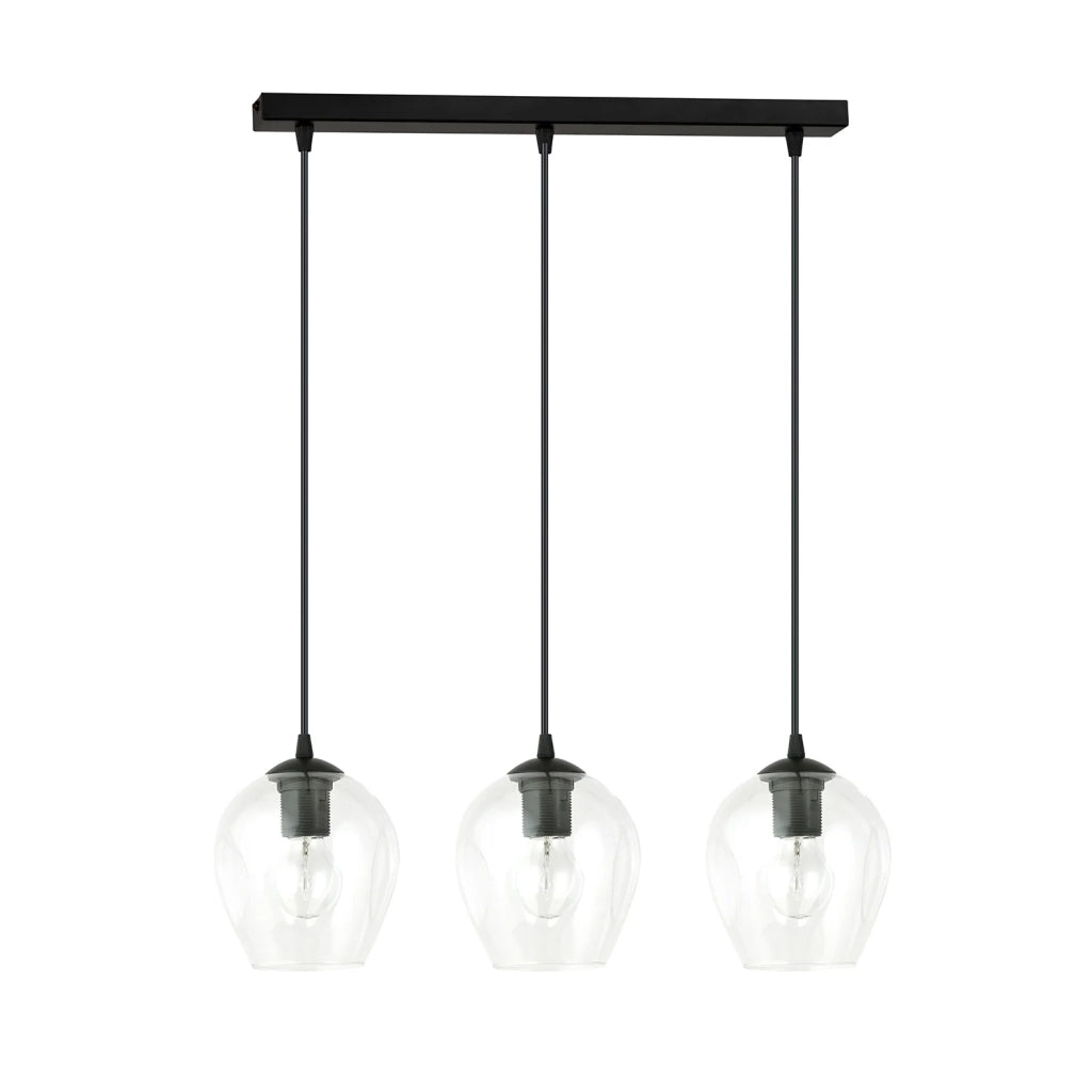 Lampadario 3 Luci Fuxi In Acciaio Nero E Vetri Trasparente