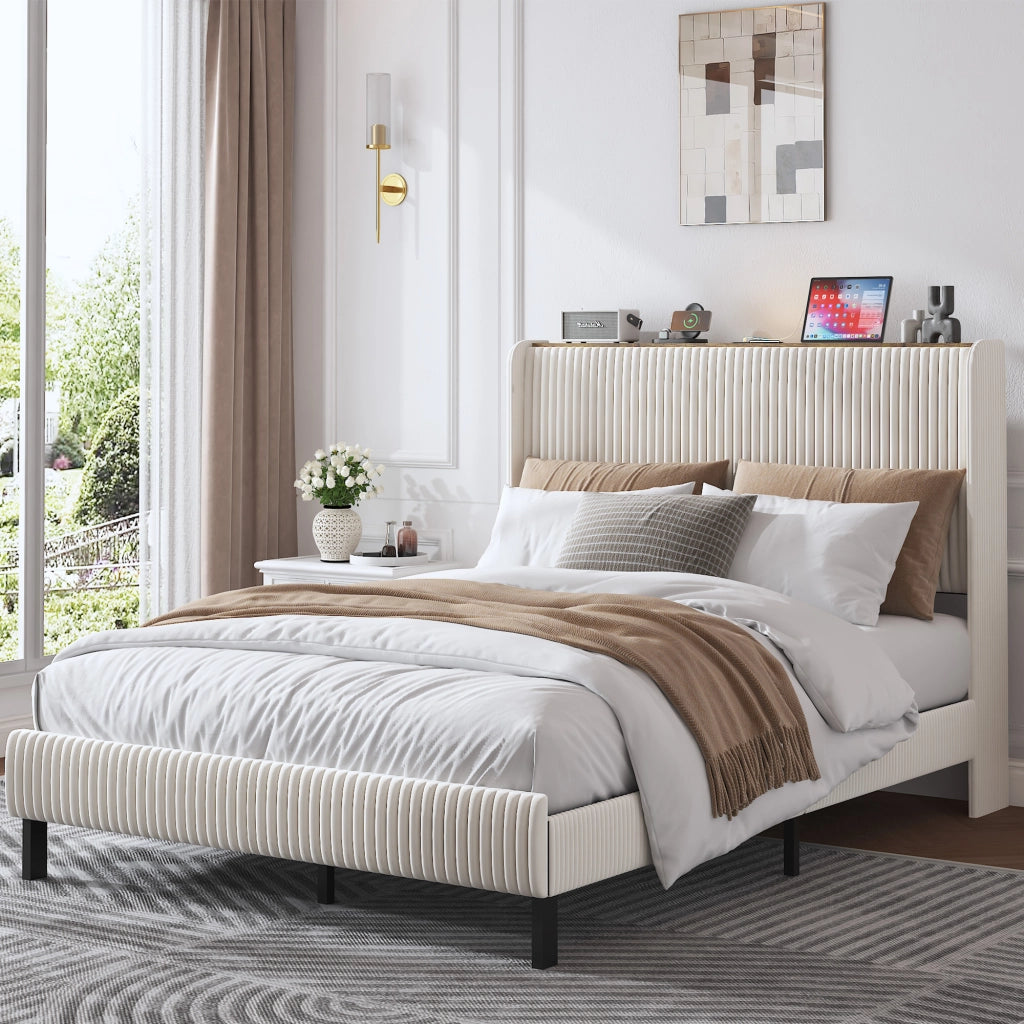 Letto imbottito 140x200 - Zephmum - Testiera in tessuto, design ali, slats metallici