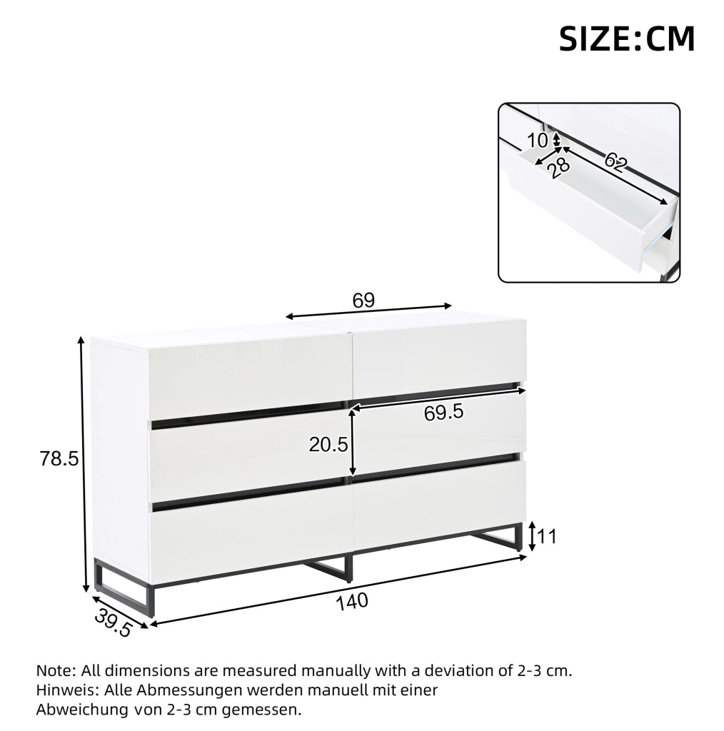 Credenza da soggiorno 140x39;5x78;5 cm con 6 cassetti; finitura lucida; truciolare e metallo; bianco e nero