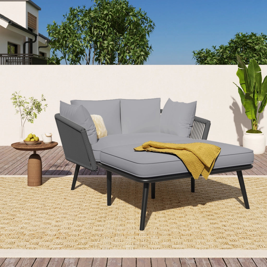 Chaise longue da giardino con cuscino sfoderabile e lavabile, struttura in acciaio zincato e corda, grigio