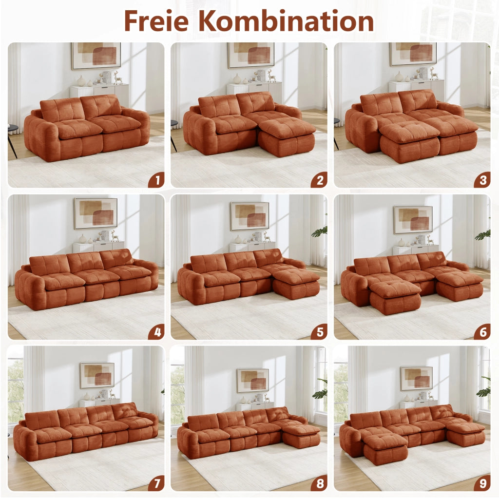 Divano modulare a u 4 posti con seduta profonda design trapuntato 2 pouf in chenille arancione 334 × 160 × 68 cm