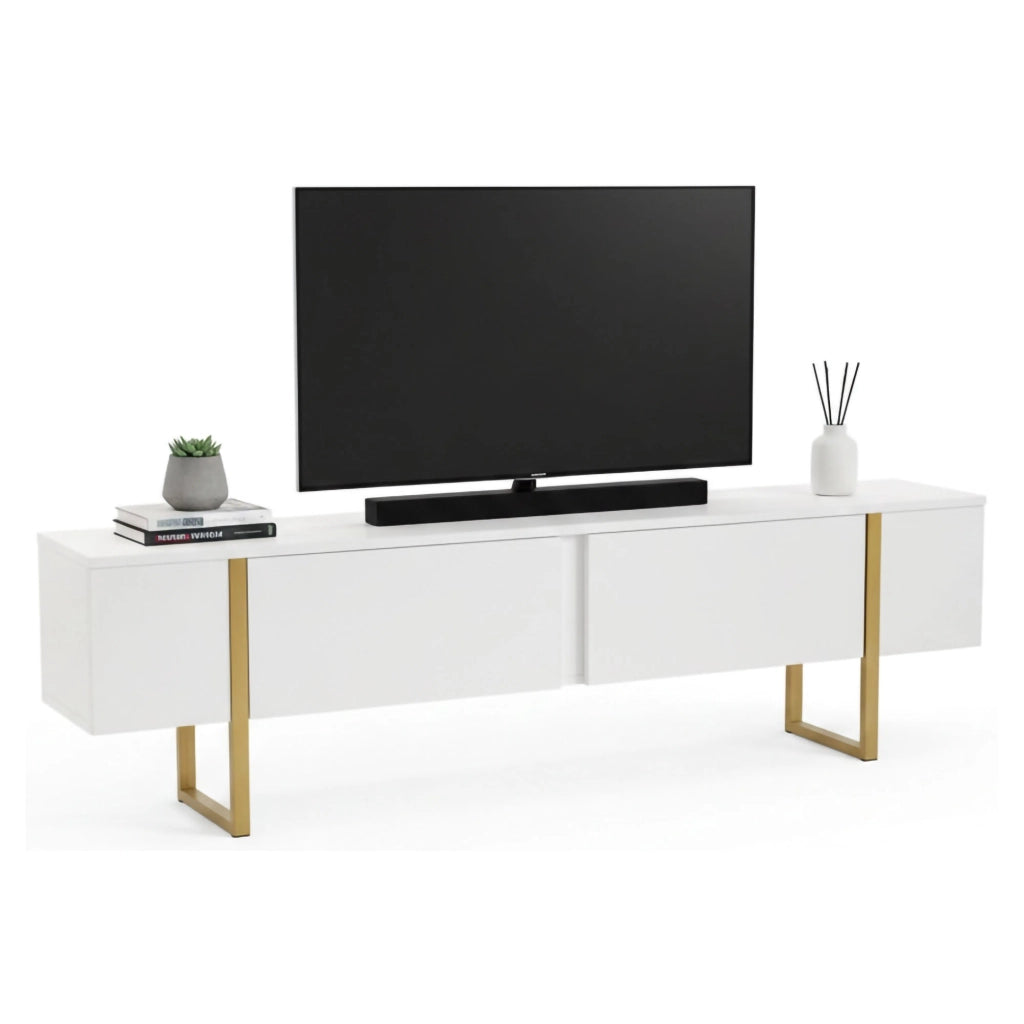 Mobile porta TV Lilith, Credenza da soggiorno, Armadio basso per TV, Base parete attrezzata, 180x30 h50 cm, Bianco e Oro