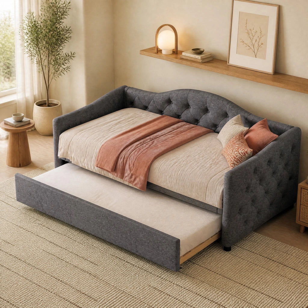 LETTO estraibile 90x200 cm in lino grigio, senza materasso