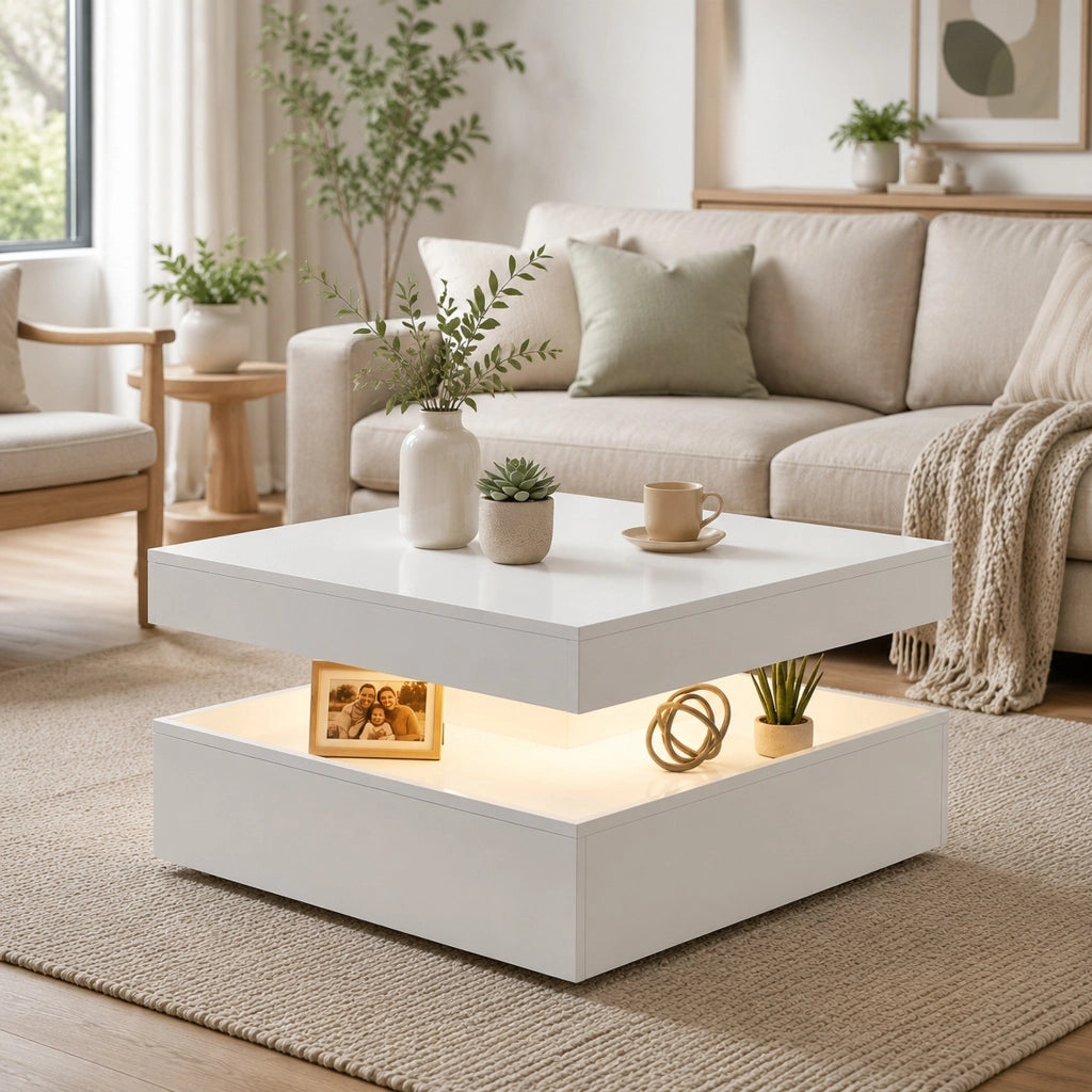 Tavolino da caffè 89.0x89.0x14.0 cm con LED RGB a 7 colori; ripiano aperto; pannello di fibra; bianco lucido