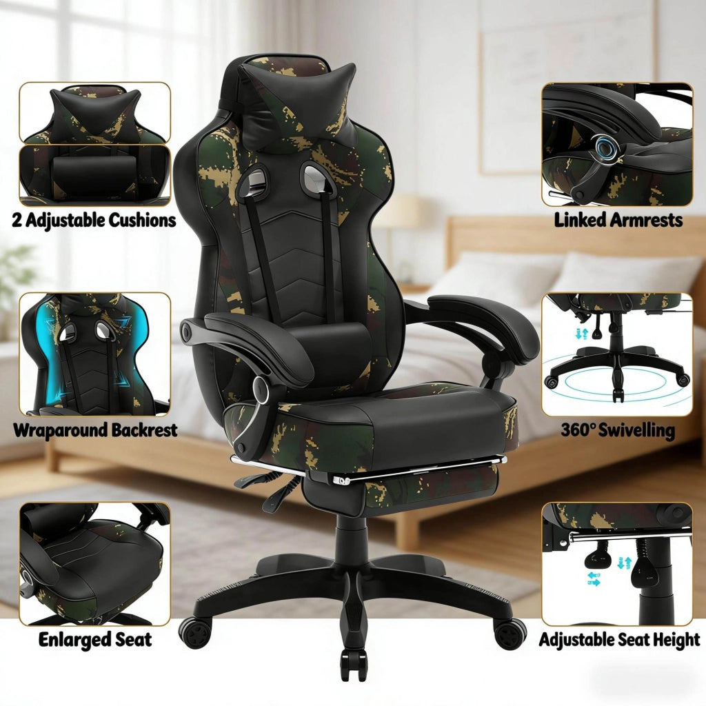 Sedia gaming ergonomica reclinabile con poggiapiedi nero e verde