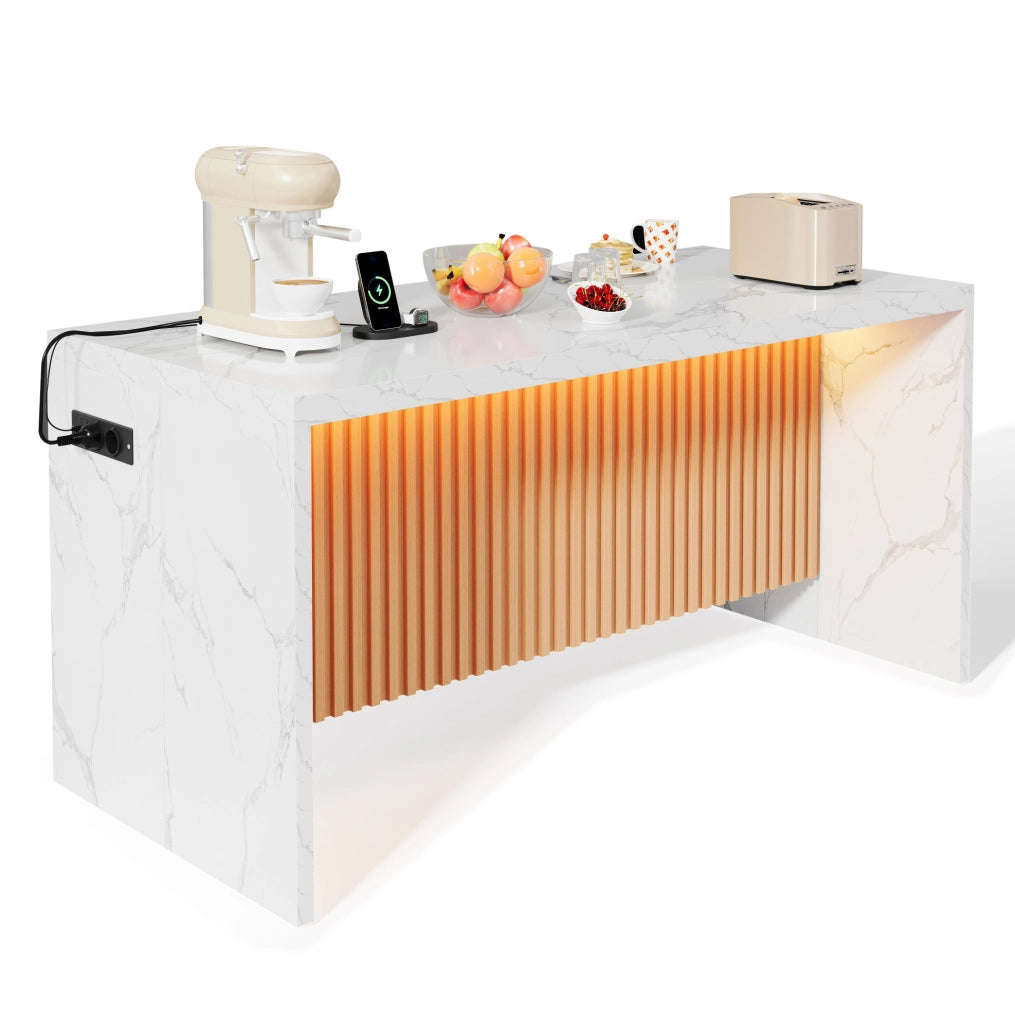 Isola cucina 155x80x90 cm in MDF effetto marmo bianco; con LED; prese e USB