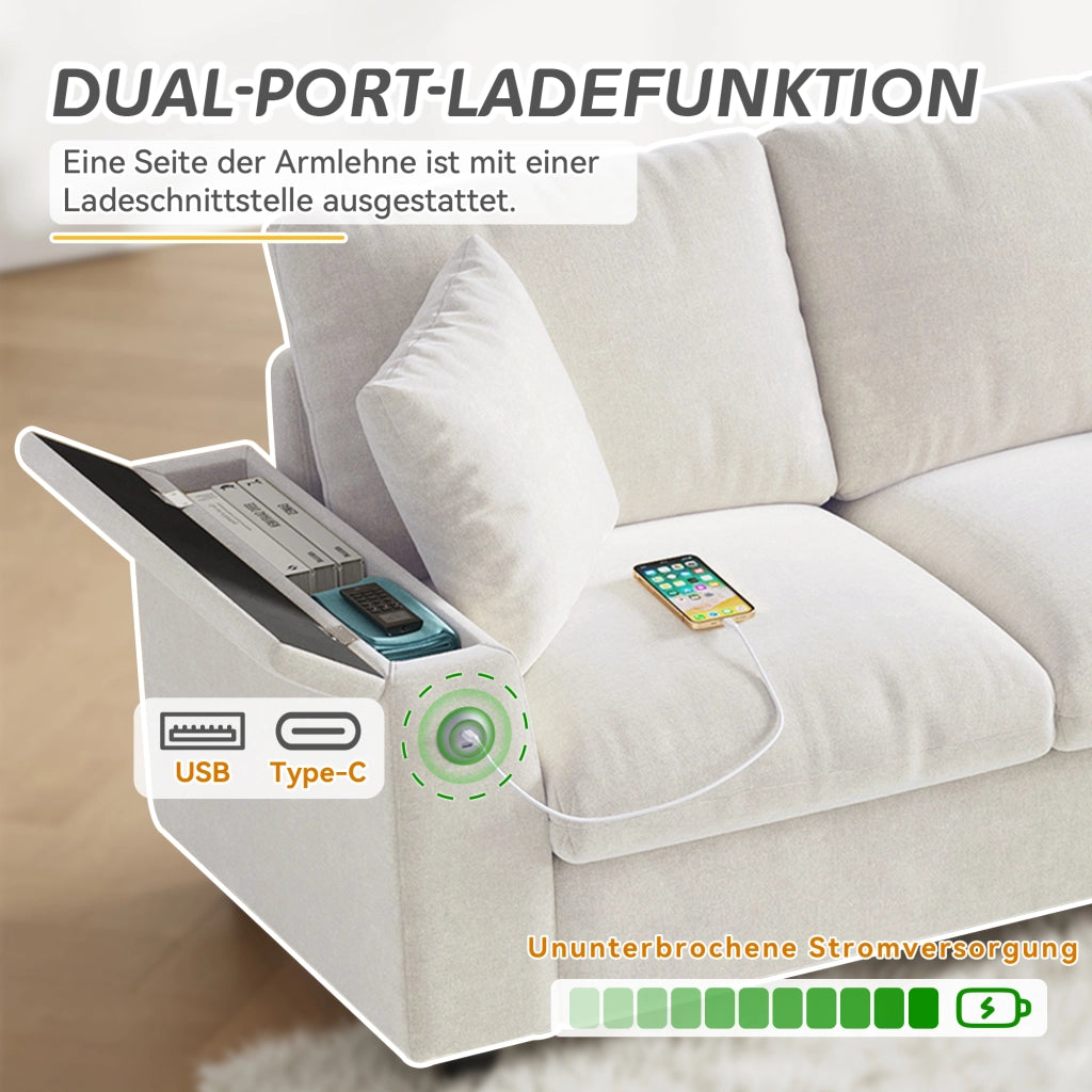 Divano angolare reversibile convertibile con vano contenitore, tavolino ribaltabile, tessuto Chenille Beige