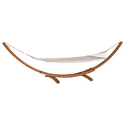 Amaca da giardino in cotone bianco con supporto ad arco in legno massello scuro autoportante