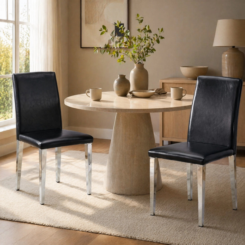 Set 2 sedie da pranzo moderne in PU nero con gambe in metallo argentato; h 90 cm