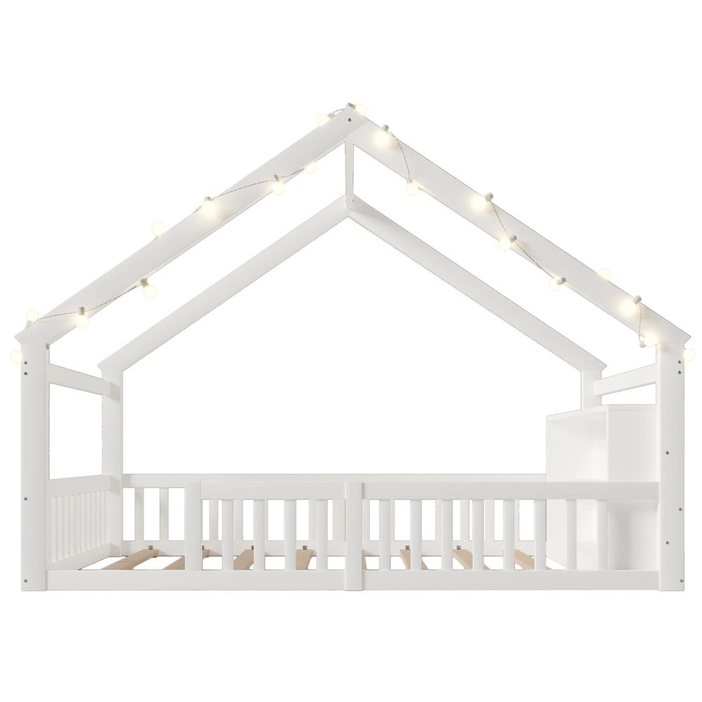 Letto Bambini a Casetta con LED ¨C Xylo ¨C Pino Bianco, 140x190 cm, senza Materasso