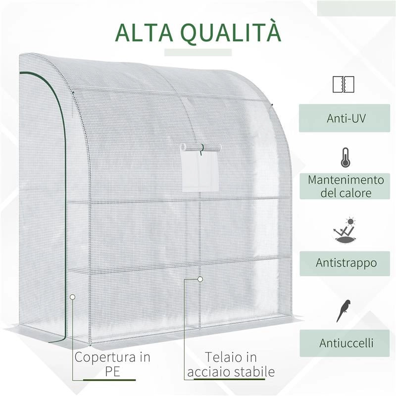 SERRA ADDOSSATA A 3 LIVELLI CON PORTE E FINESTRE AVVOLGIBILI, IN PE E ACCIAIO, 200X100X215 CM, VERDE E BIANCO