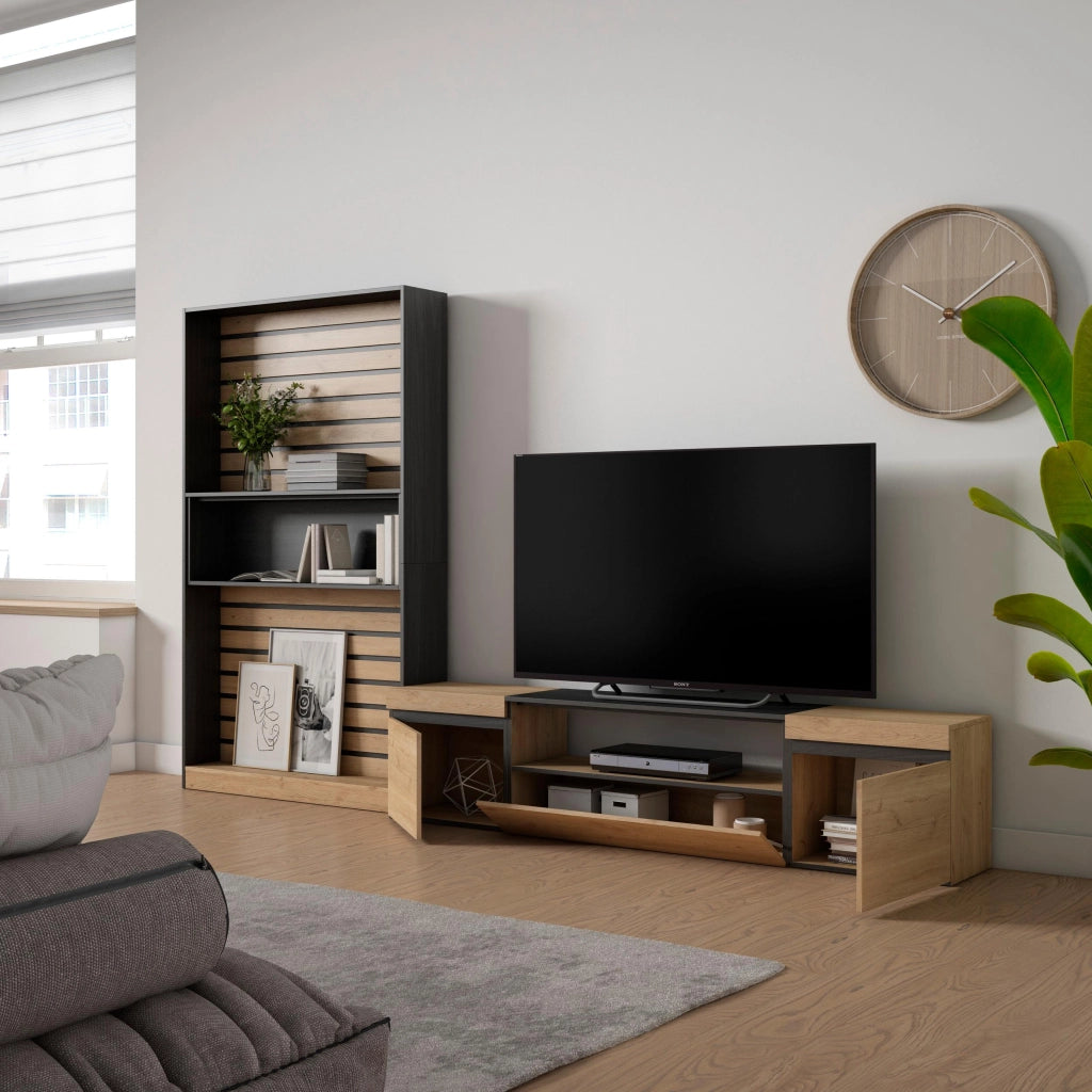 Mobile TV, Soggiorno, 310x35x186cm, Per TV fino a 80", Set di mobili, colore Rovere e nero RF2854