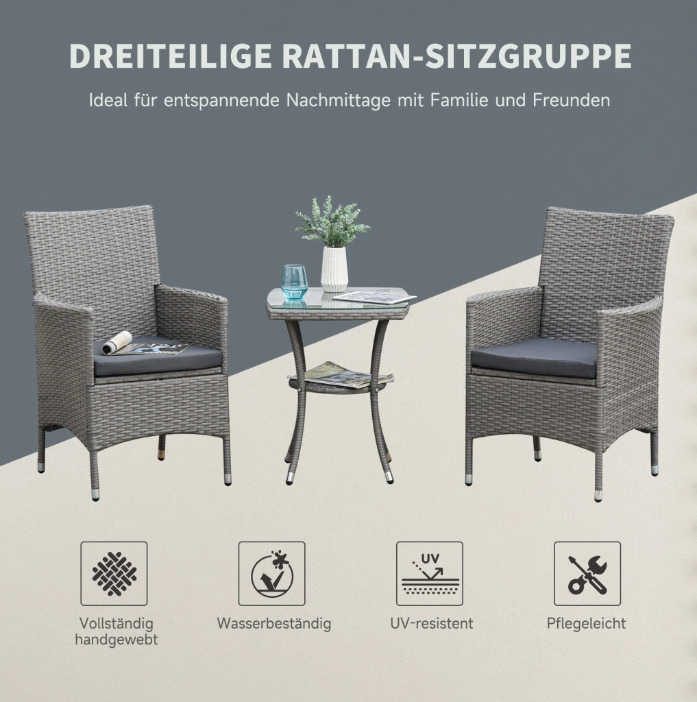 Set da giardino per 2 in rattan sintetico e acciaio; con tavolino; crema grigio