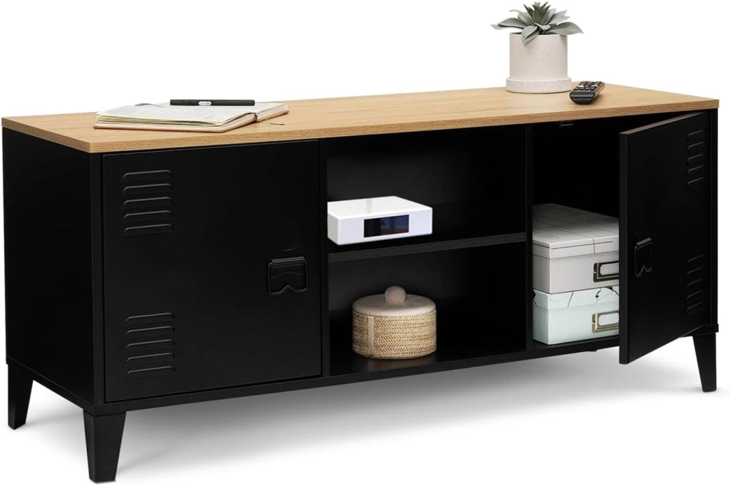 Mobile TV ESTER 113 cm con 2 ante in metallo nero e piano in legno industriale