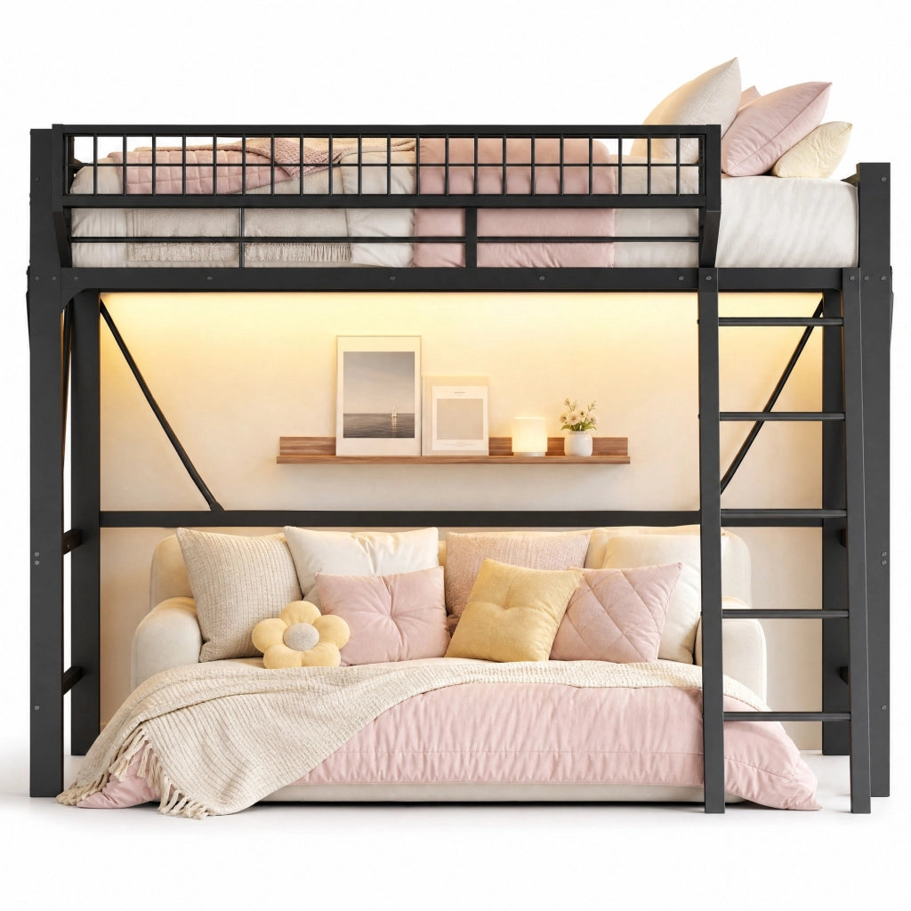 Letto a Soppalco 90x200 cm; LED; Cestello Portaoggetti; in Metallo; Nero