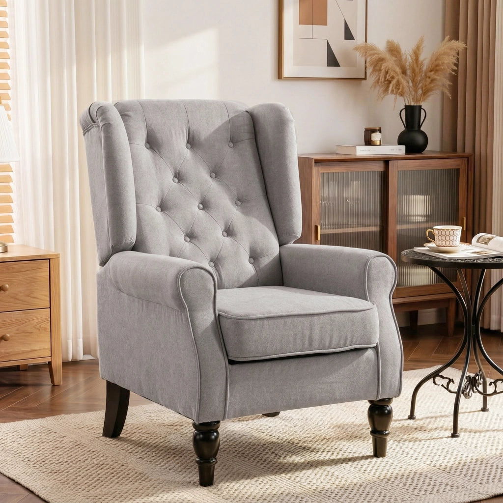 Poltrona Grigia Imbottita con Braccioli e Gambe in Legno ¨C zephmum ¨C 90x100x85