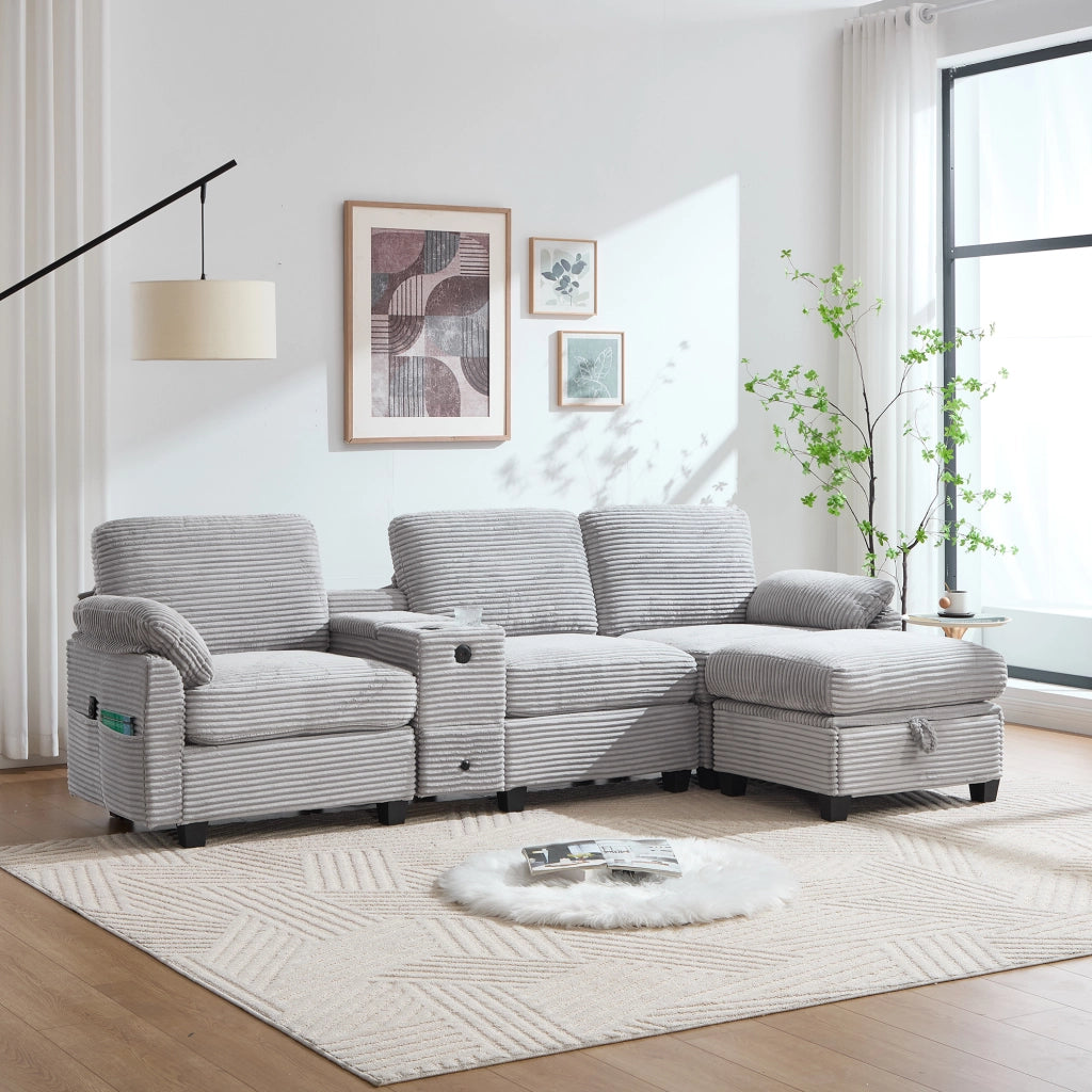 Divano grande in velluto a coste con console scorrevole; USB-C e pouf contenitore; grigio chiaro