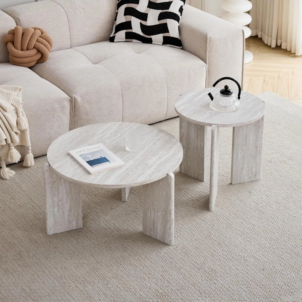 GrandCA HOME Set di Tavolini da Caffè da 2 Pezzi, Tavolino Moderno Nordico a Tre Gambe, Materiale MDF, per Soggiorno, Camera da Letto (Travertino Grigio)