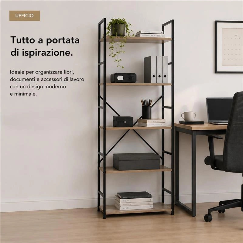 LIBRERIA STILE INDUSTRIAL A 5 RIPIANI IN LEGNO E METALLO DIMENSIONI 59X24X144CM - COLORE ROVERE