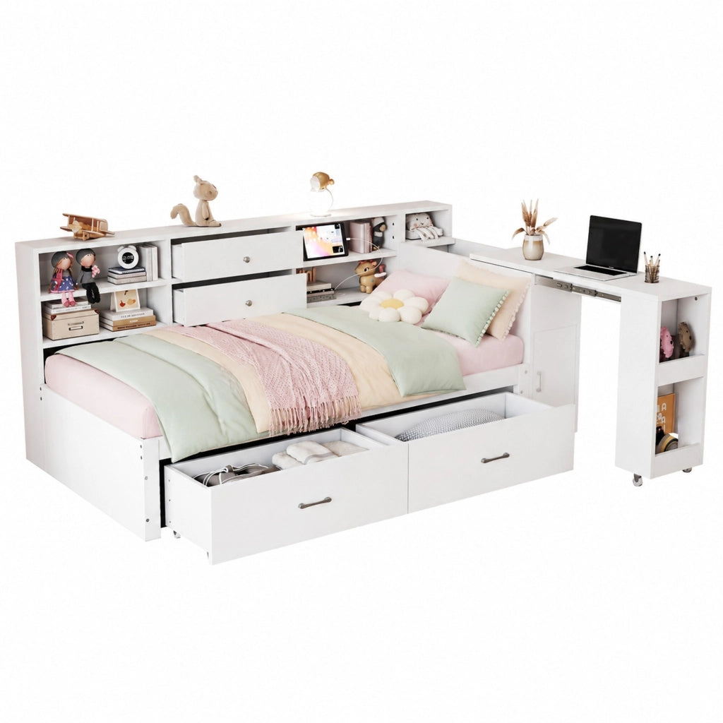 Letto singolo 90x200 cm in legno bianco con scrivania estraibile, cassetti e USB