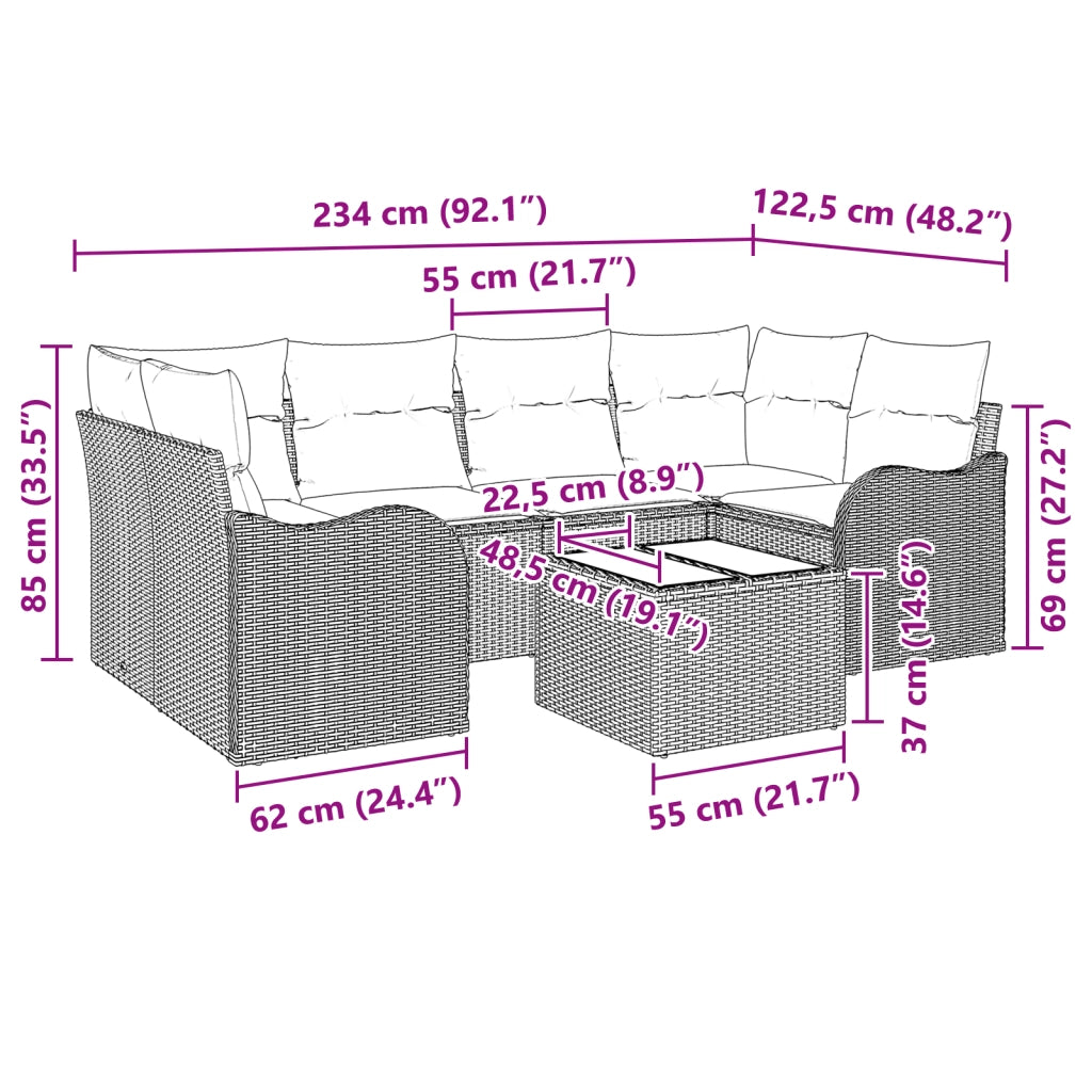 Set Divano Giardino 7 Pezzi con Cuscini Grigio Chiaro in Polyrattan
