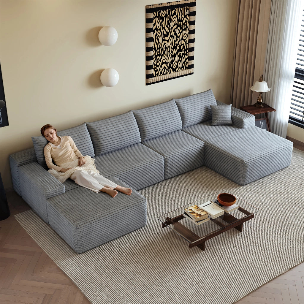 Divano angolare modulare in tessuto a coste con chaise longue e schiuma ad alta elasticità per soggiorno grigio