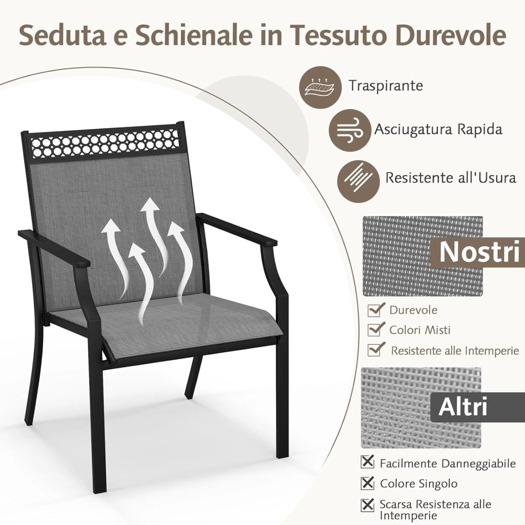 Set di 2 Sedie da Giardino in Textilene, Sedie da Esterno con Schienale Alto, Braccioli, Robusto Telaio in Metallo, Fino a 150 kg, per Patio Terrazza Balcone (Grigio+Nero)