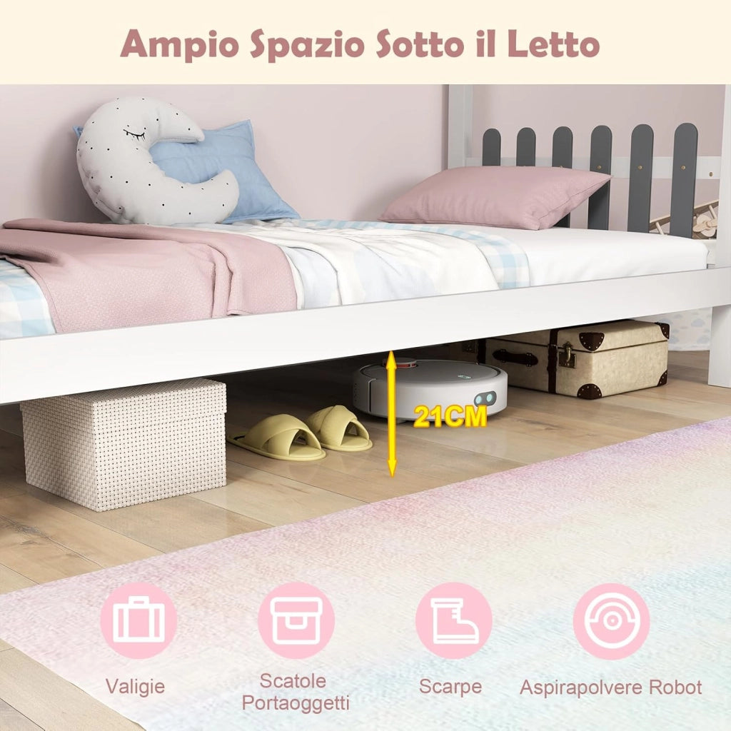 Letto Matrimoniale/Singolo con Scrivania, Letto Piattaforma in Legno con Testiera a Staccionata Ganci e Cassetti, 200x140/200x90 cm, Carico 320/150kg (200x90 cm)