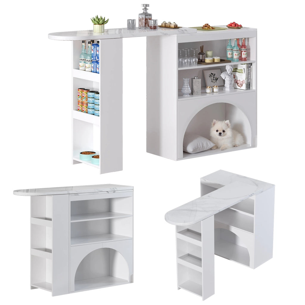 Tavolo allungabile per 2-4 persone con 2 vani aperti e spazio per animali design moderno effetto marmo in MDF bianco