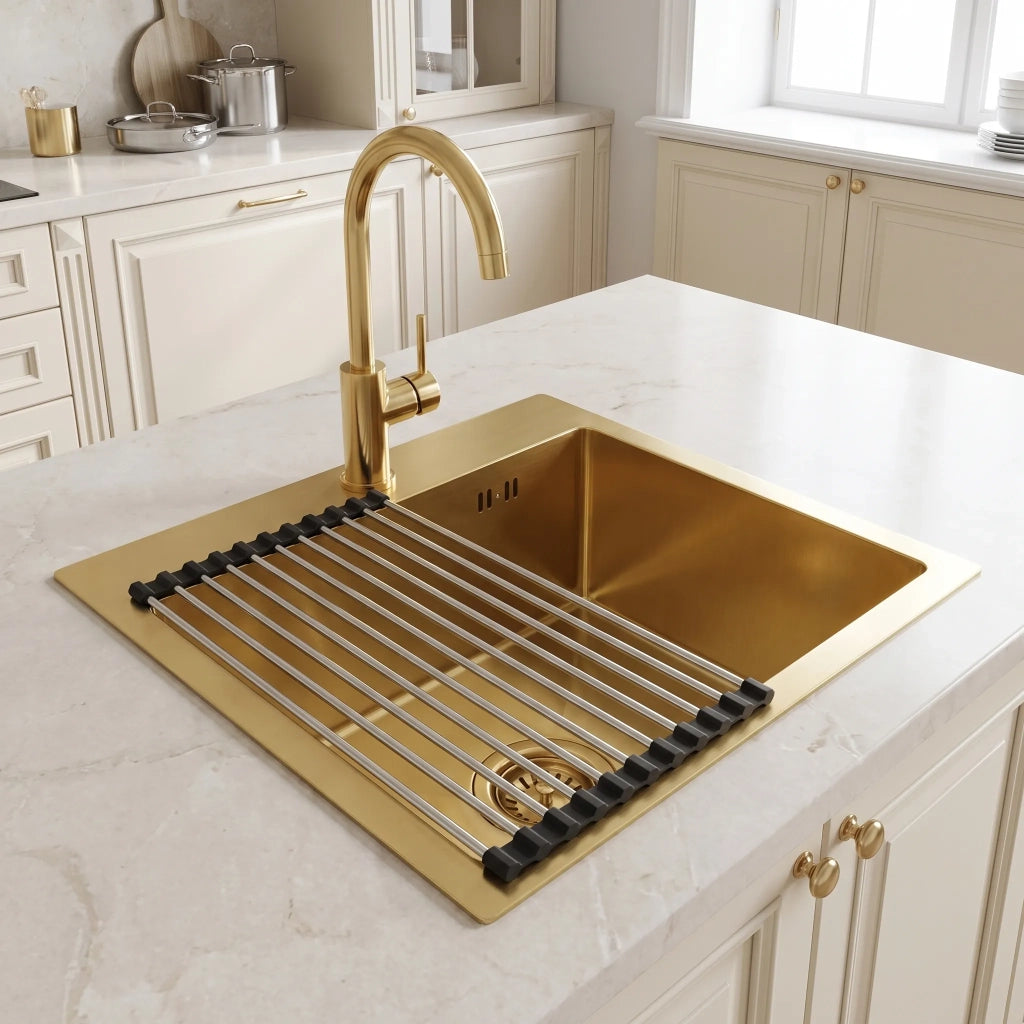 Lavello In Acciaio Con Set Di Accessori 3 Pz. Rea Leo 40 Brush Gold Accessori beige