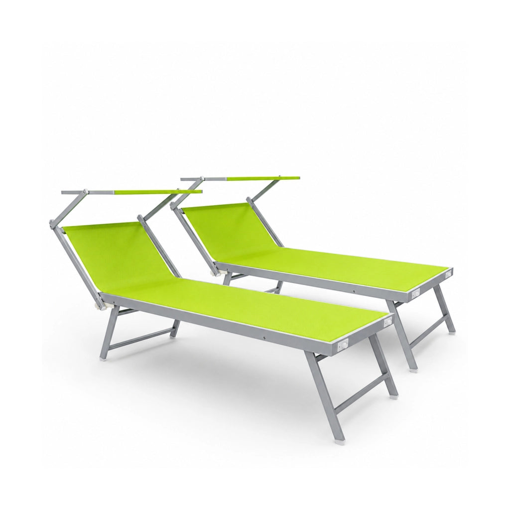 Set 2 Lettini Prendisole Pieghevoli Professionali In Alluminio Leggero Con Tettuccio Parasole Regolabile Sdraio Relax Mare Spiaggia Piscina Giardino Terrazza 182 x 60 x 38 Cm Verde Fluo