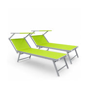 Set 2 Lettini Prendisole Pieghevoli Professionali In Alluminio Leggero Con Tettuccio Parasole Regolabile Sdraio Relax Mare Spiaggia Piscina Giardino Terrazza 182 x 60 x 38 Cm Verde Fluo