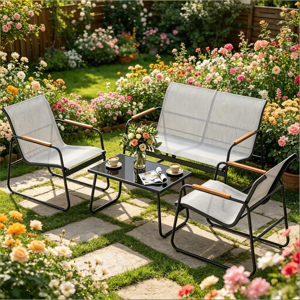 Set mobili da giardino 4 pezzi con divano a 2 posti, 2 poltrone e tavolino in vetro temperato per esterno grigio