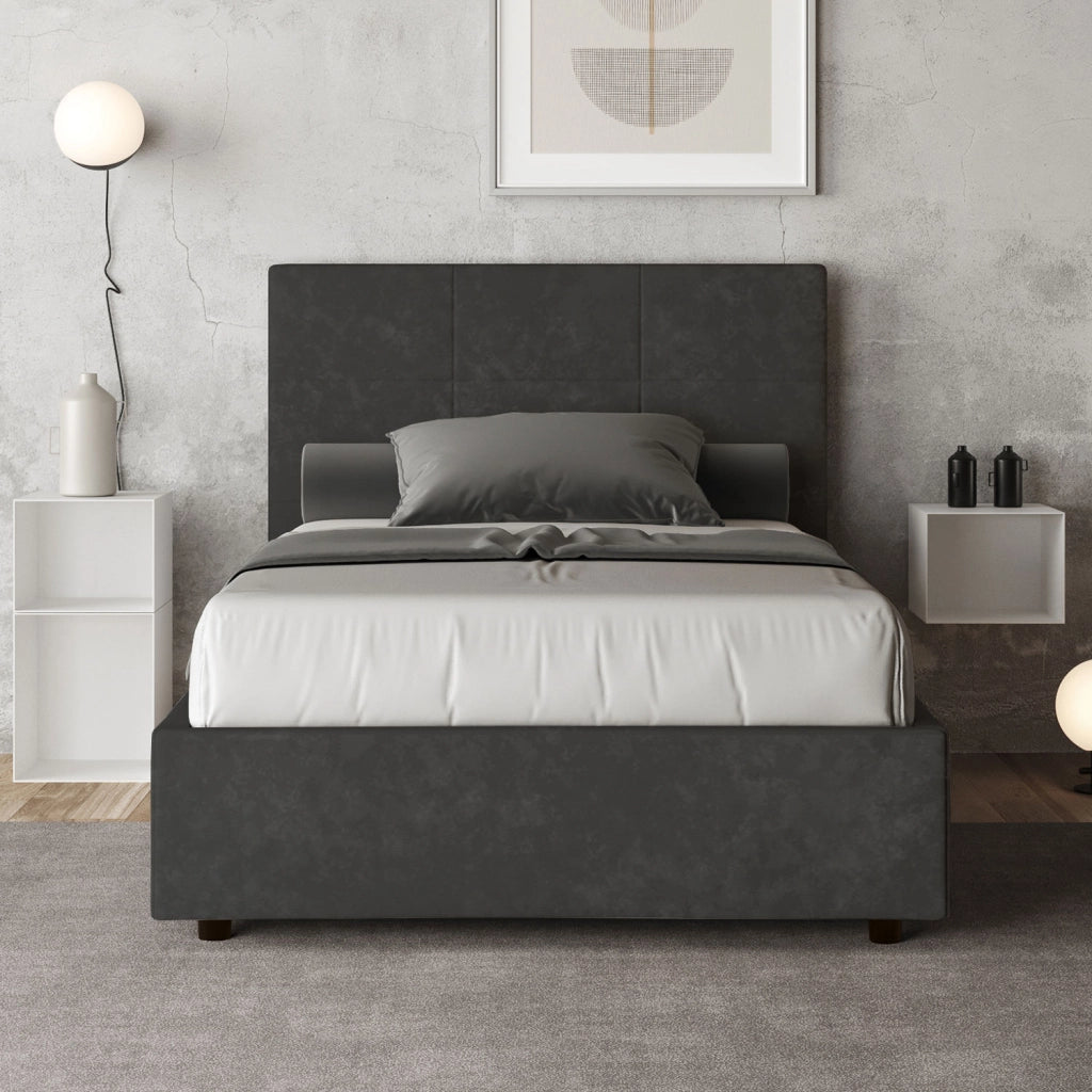 BS COM Letto una piazza e mezza con rete imbottito 120x210 microfibra grigio